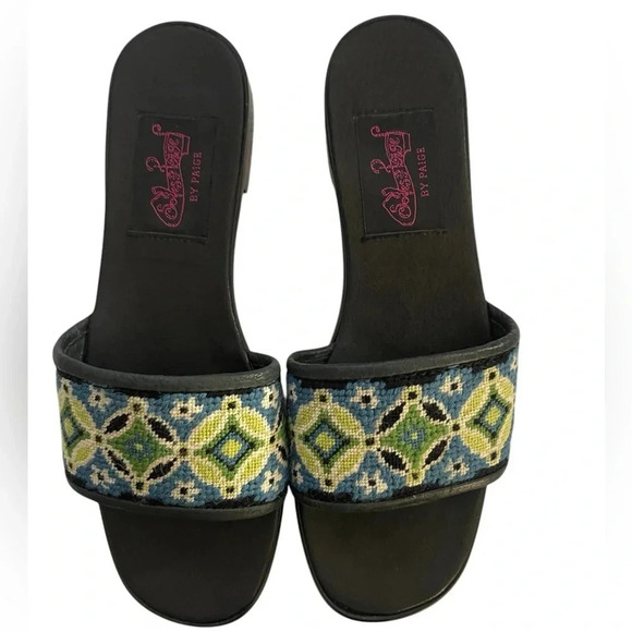 PAIGE Needlepoint Sandals Blue Yellow Leather Lined Women’s Shoes Size 8 8.5 - Picture 5 of 5